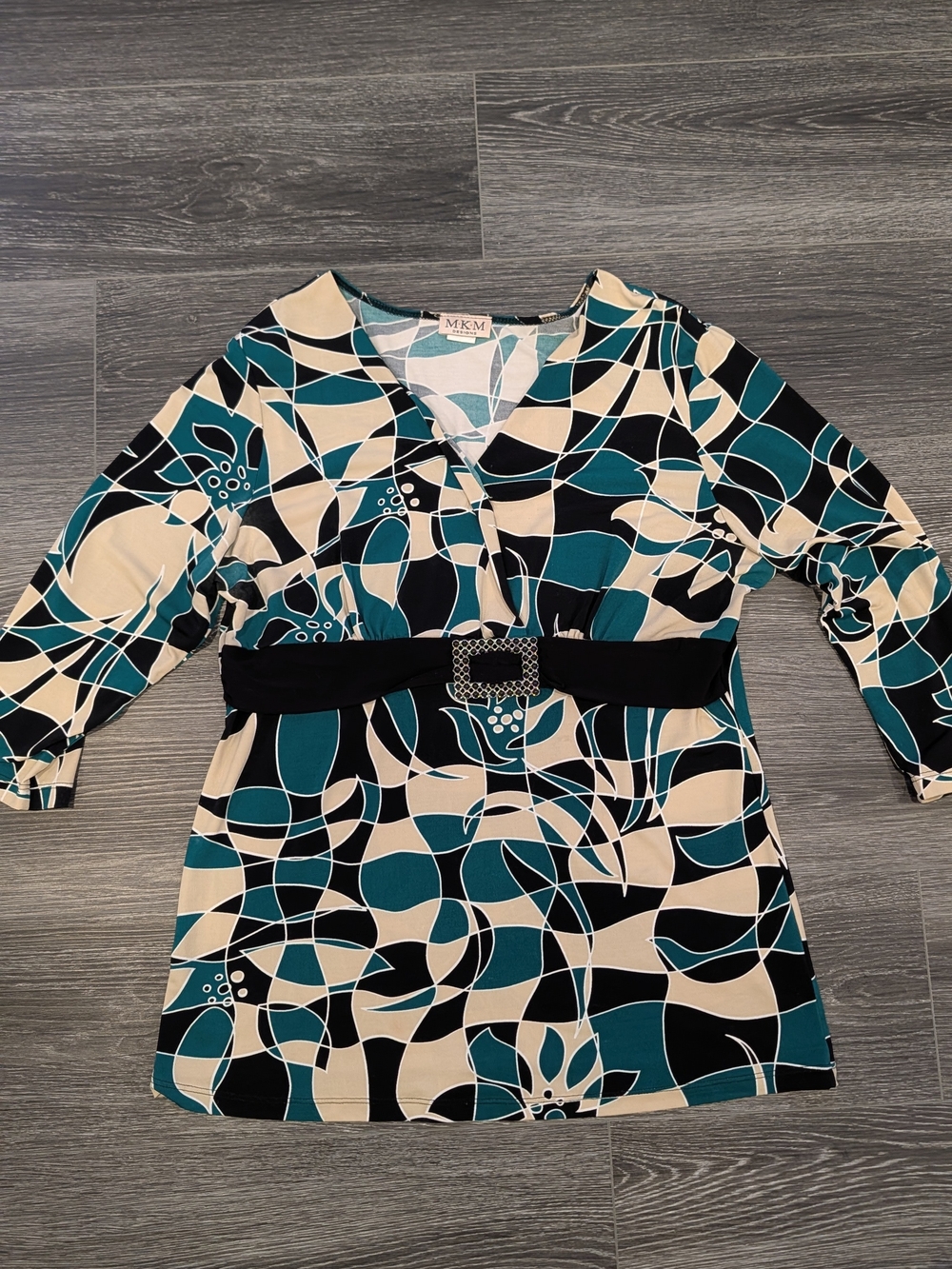 MKM Womens' Patterned V-Neck Tunic Top in Teal, Black, Cream